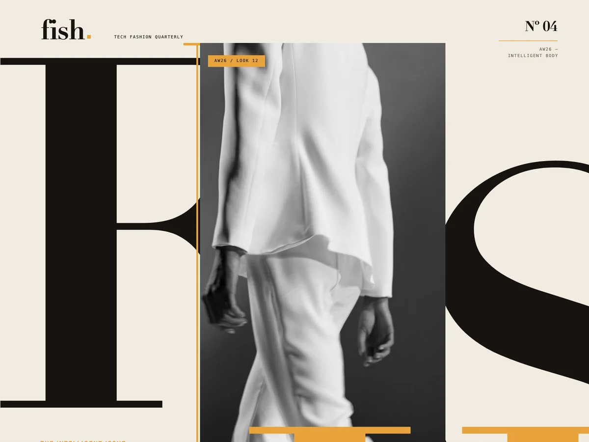 FISH quarterly cover: oversized black letterforms, a monochrome figure and an amber rule