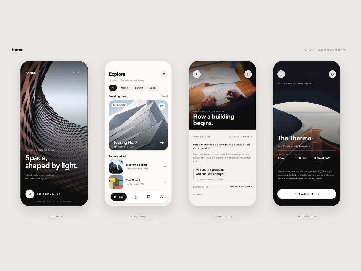 forma app: four phone screens on a paper-white board for an architecture discovery app