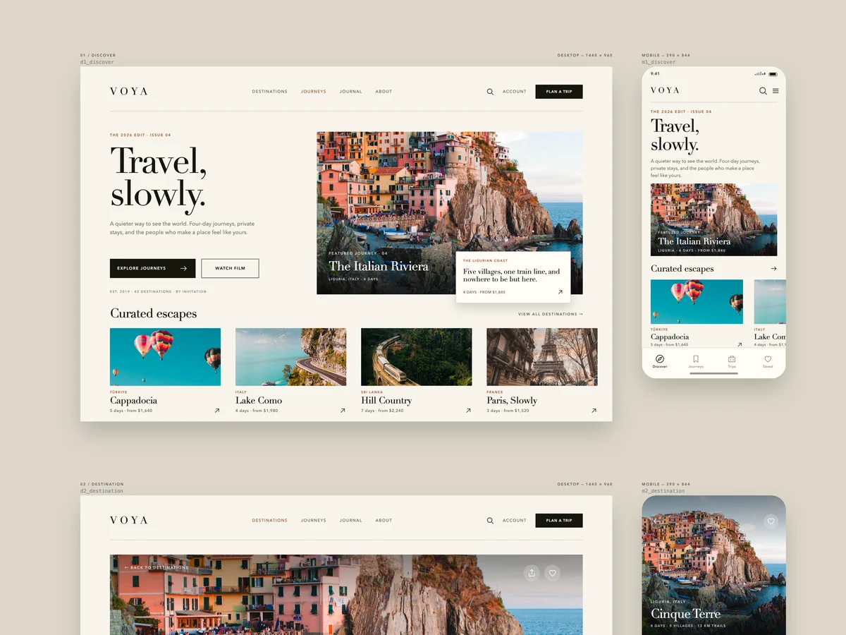 VOYA travel site: a hero reading Travel, slowly. above a grid of destination cards
